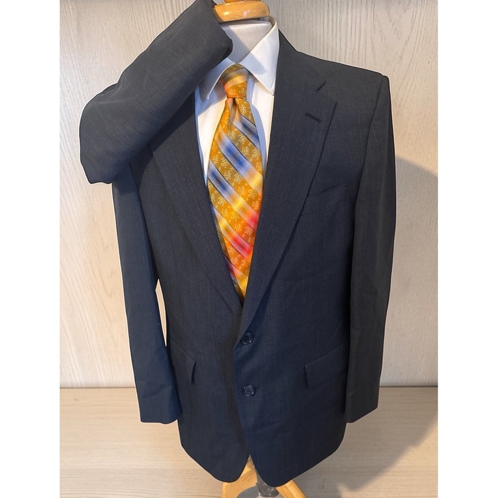 Vintage Hunter Haig Men Blue Check 2 Pc‎ Suit 42R Blazer 38 x 30 Pant USA Jacket